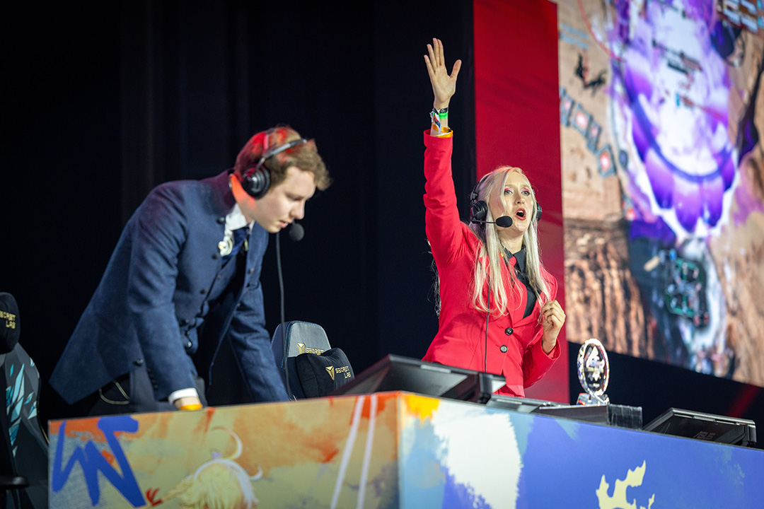 Commentators Lythi and Rookuri on stage during the Crystalline Conflict Regional Championship stage show at Fan Festival 2026 in Berlin.