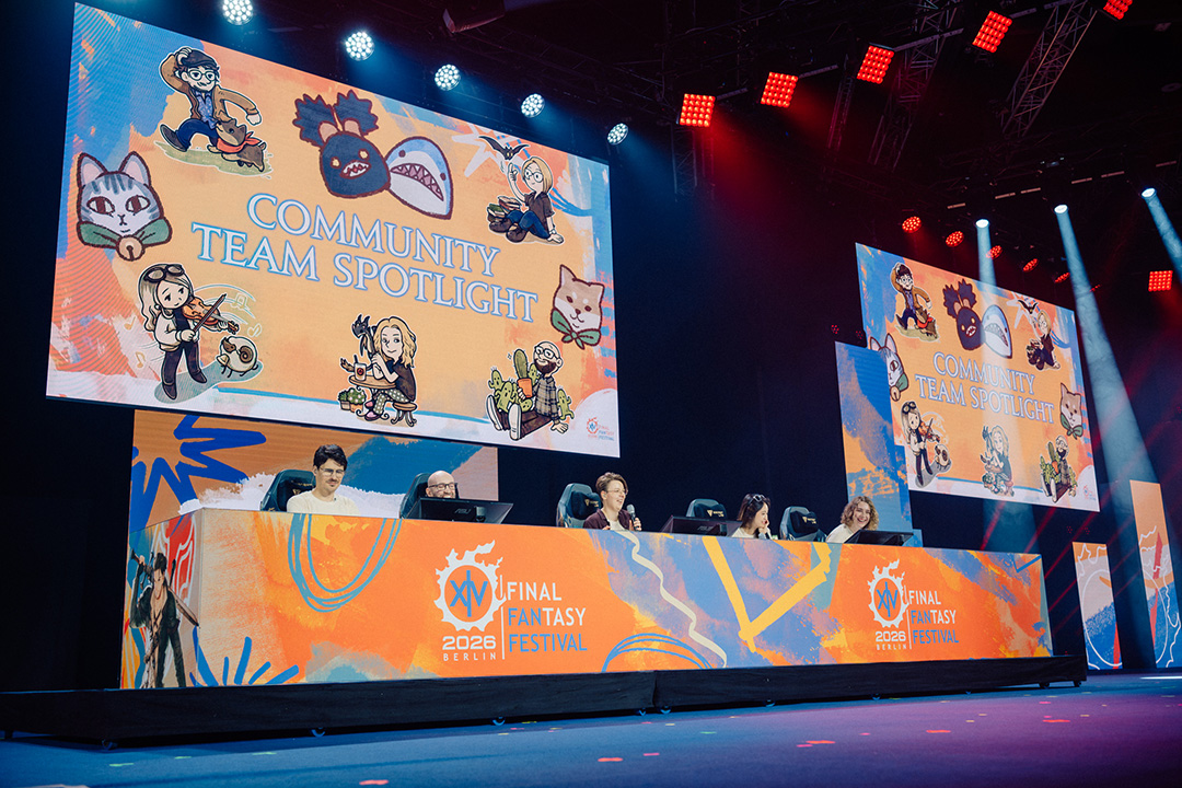 Five members of the Final Fantasy 14 European Community team speak on stage during the Community Team Spotlight panel.