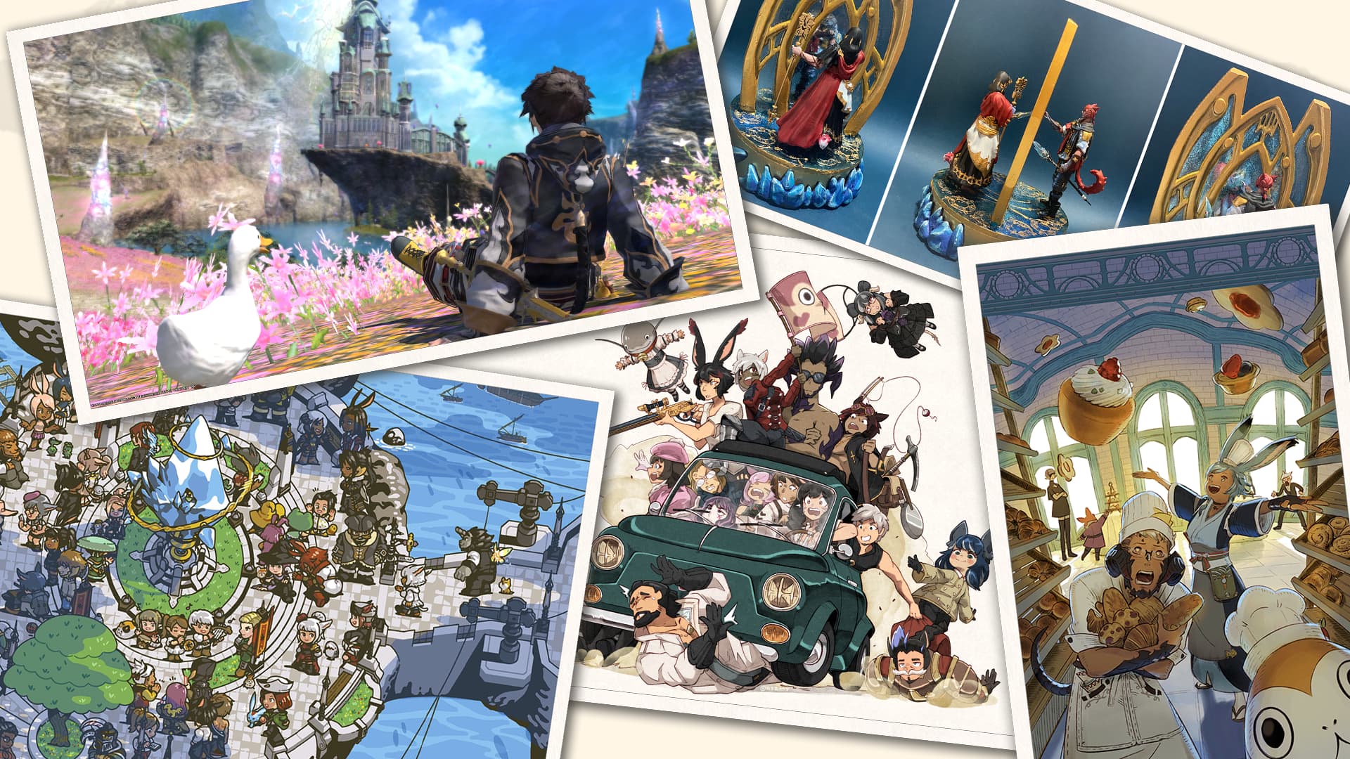 A collage of screenshots, handcrafted artwork and illustrations inspired by FINAL FANTASY XIV. The central image shows a character standing in a field of pink flowers with a white duck nearby, gazing toward the castle of Il Mheg against a bright blue sky. Surrounding images include whimsical character art featuring a group crowded around a green car, a lively kitchen scene with characters and food, detailed figurines of the Crystal Exarch and G'raha Tia looking at one another through a mirror, and a dynamic illustration of a soldier dressed in dark armor with red accents, surrounded by splashes of crimson.