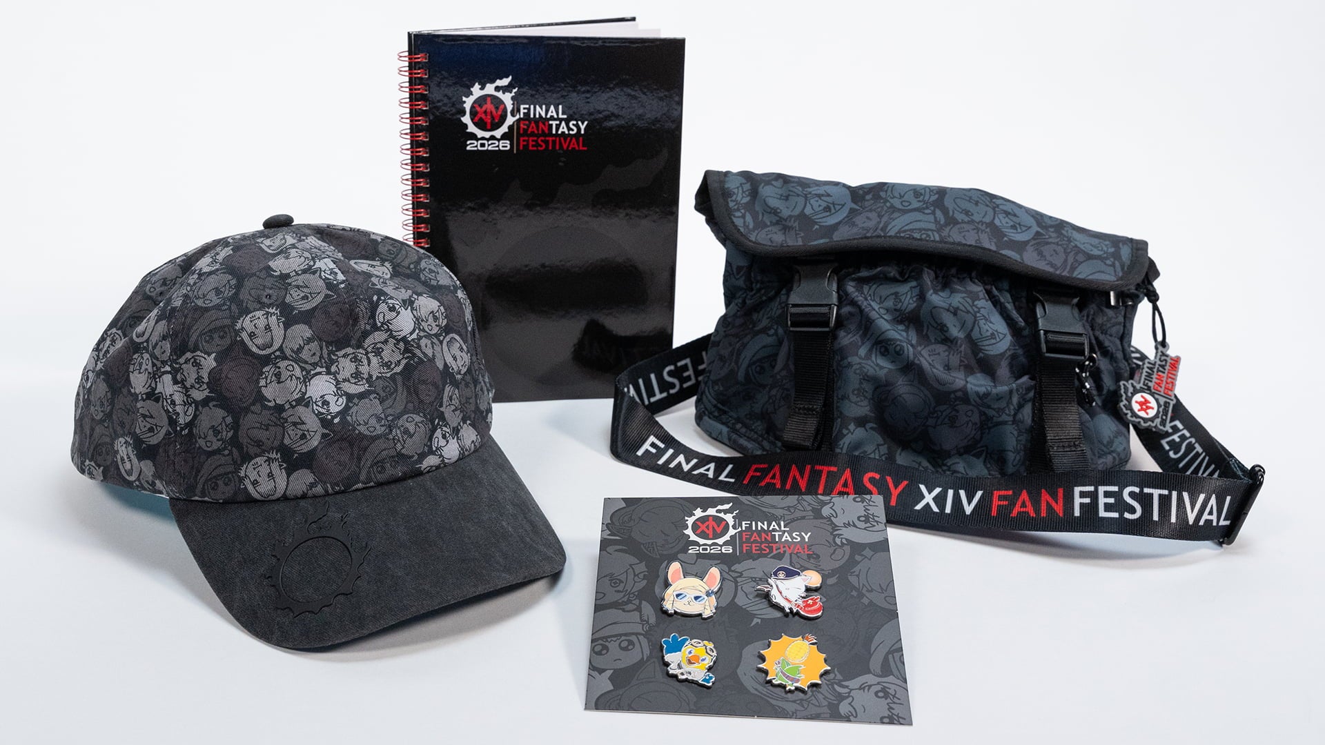An image of the Final Fantasy 14 Fan Festival 2026 goody bag items. A themed hat depicting the faces of the Scions of the Seventh Dawn, a black sticker book with red spiral binding and the Final Fantasy 14 Fan Festival 2026 logo, a set of four pins themed after the Loporrit, Delivery Moogle, Alpha, and the Cornservant, and a mini messenger bag with the faces of the Scions of the Seventh Dawn and the Final Fantasy 14 Fan Festival text printed on the strap.