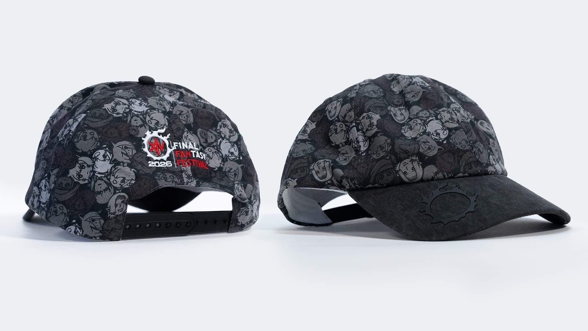 An image of two Final Fantasy 14 Fan Festival 2026 hats. The crown of both hats are decorated with the faces of the Scions of the Seventh Dawn. The hat on the left showcases the embroidered Final Fantasy 14 Fan Festival logo on the back. The hat on the right showcases the bill of the hat and the iconic Meteor logo.