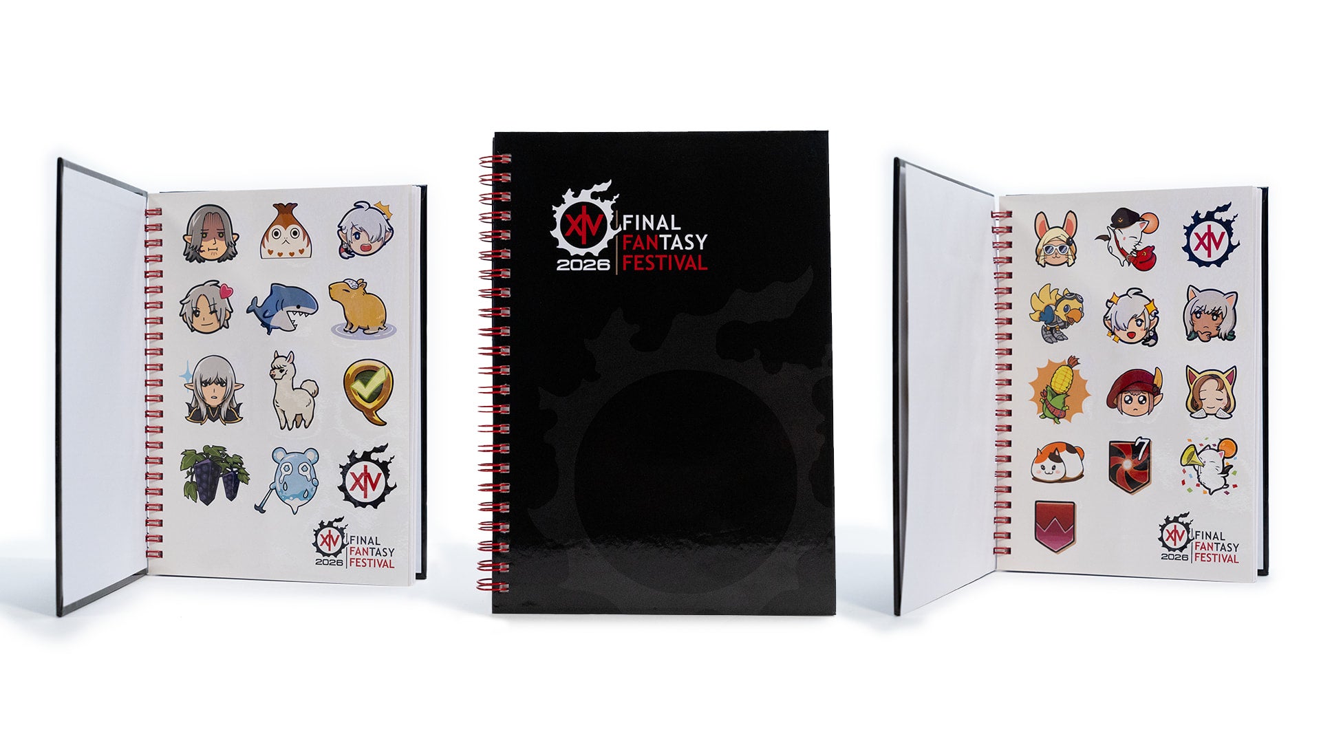 An image of three Final Fantasy 14 Fan Festival sticker books. The two stickers books on the left and right are open, showcasing various stickers of minions and characters from the video game. The sticker book in the middle is closed and shows off the Final Fantasy 14 Fan Festival logo.