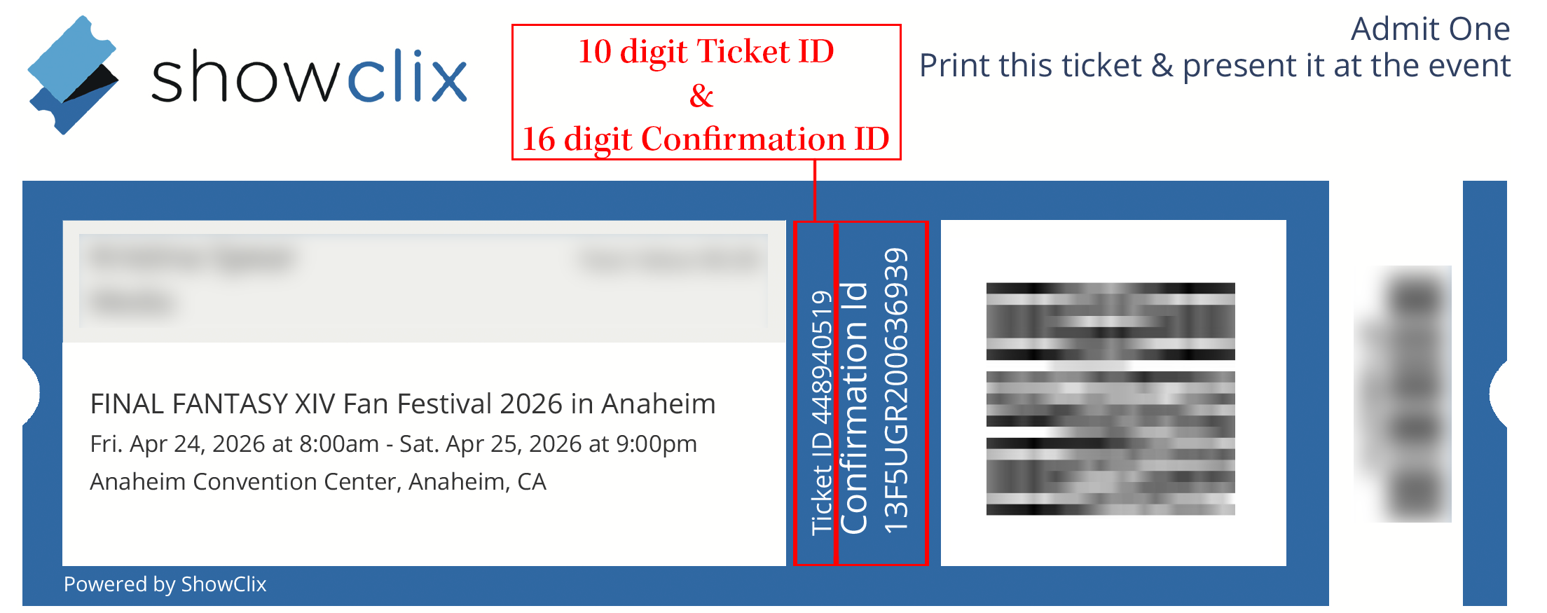 Sample image of the Fan Festival ticket showing the Ticket ID and Confirmation ID highlighted