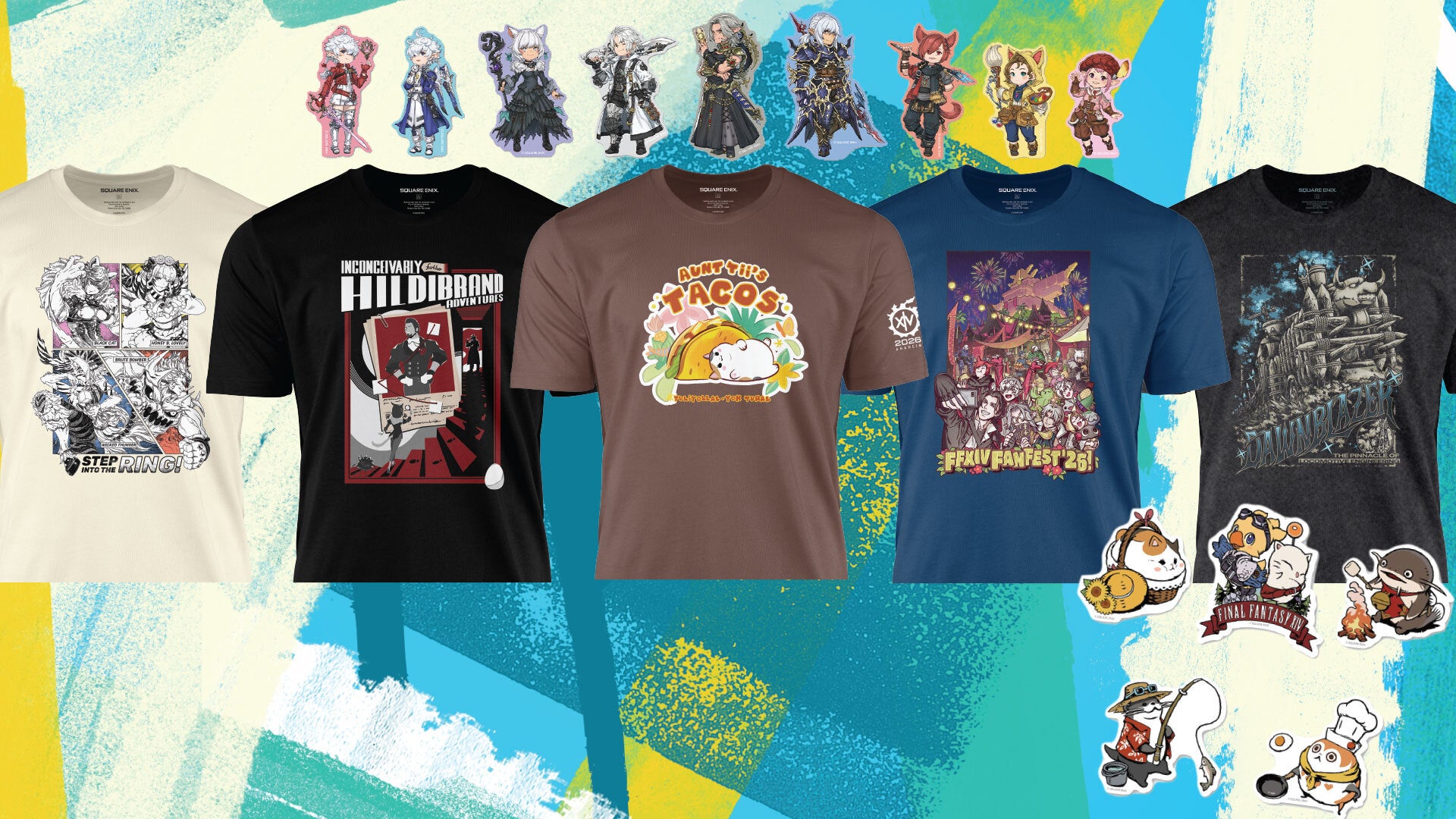 A variety of merchandise: 5 T-Shirts with Fan Festival themes and designs, acryllic figures of the Scions of the Seventh Dawn, and assorted minion stickers.