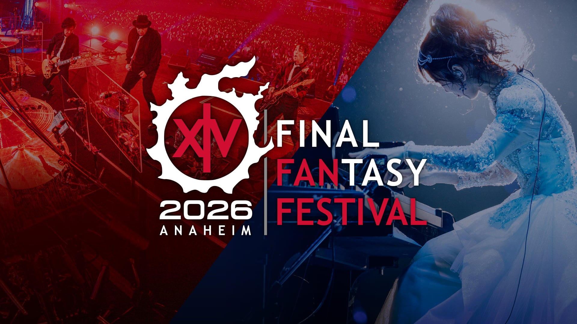 Final Fantasy 14 Fan Festival 2026 in Anaheim logo overlayed of images of the PRIMALS concert and Keiko playing the piano.