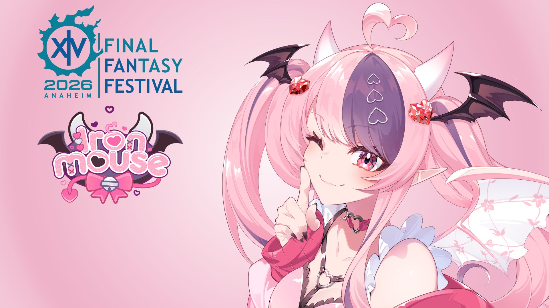 An image of Ironmouse and the Final Fantasy 14 Fan Festival in Anaheim logo alongside the Ironmouse logo.