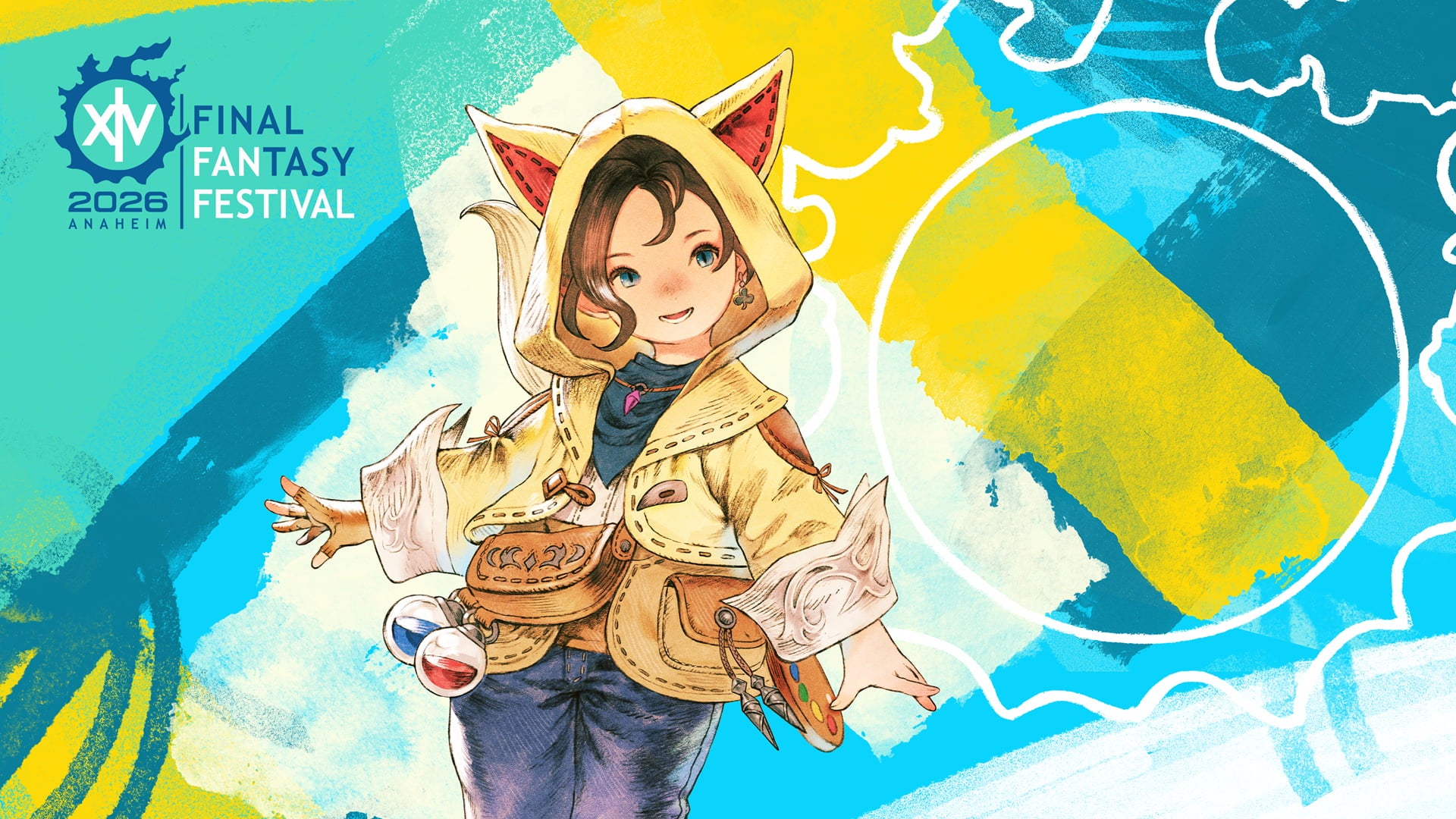 Image of Krile over colorful paint brush strokes and the meteor icon with Final Fantasy 14 Fan Festival logo.