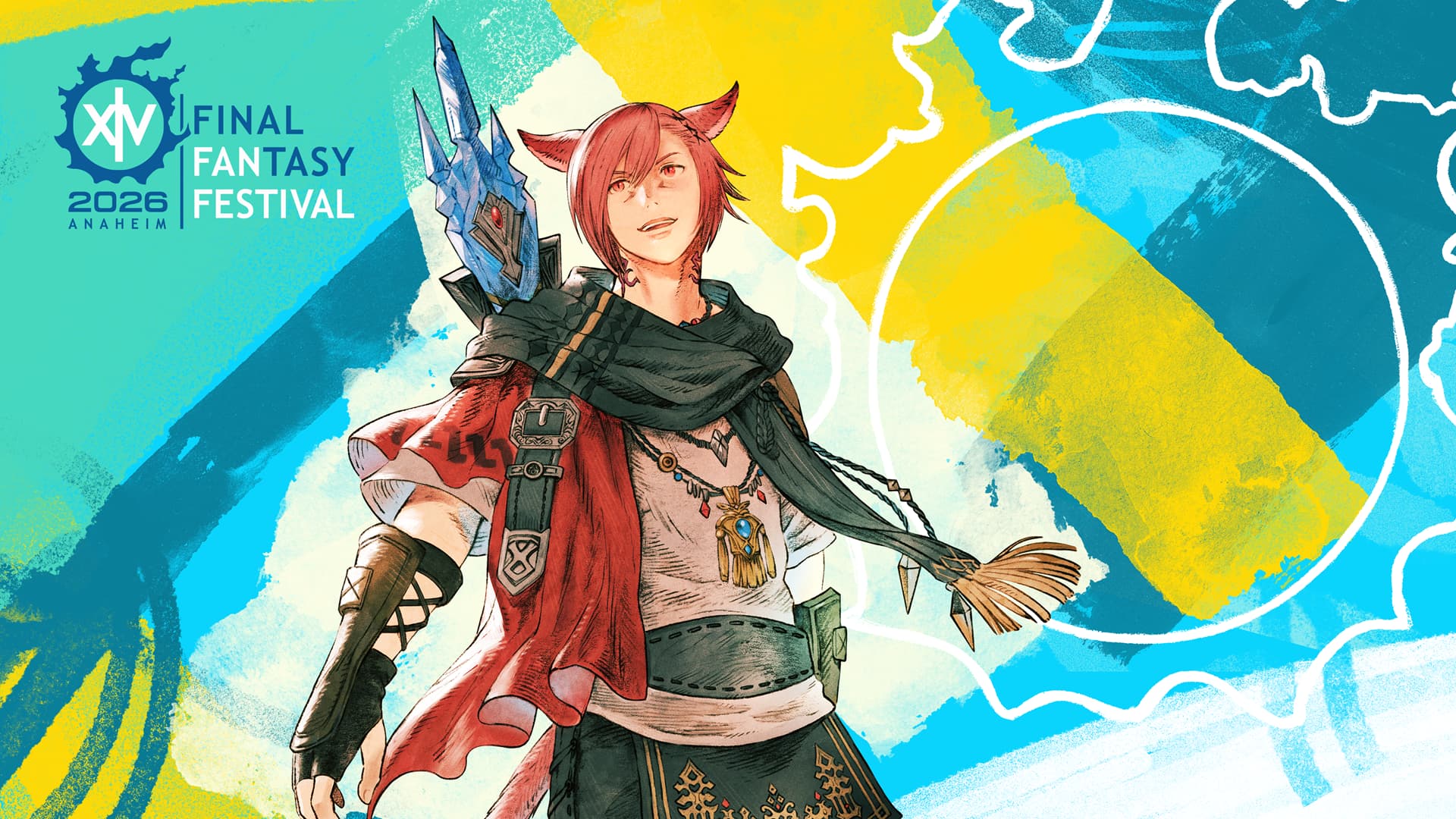 Final Fantasy 14 Fan Festival 2026 artwork of G’raha Tia against a colorful abstract background.