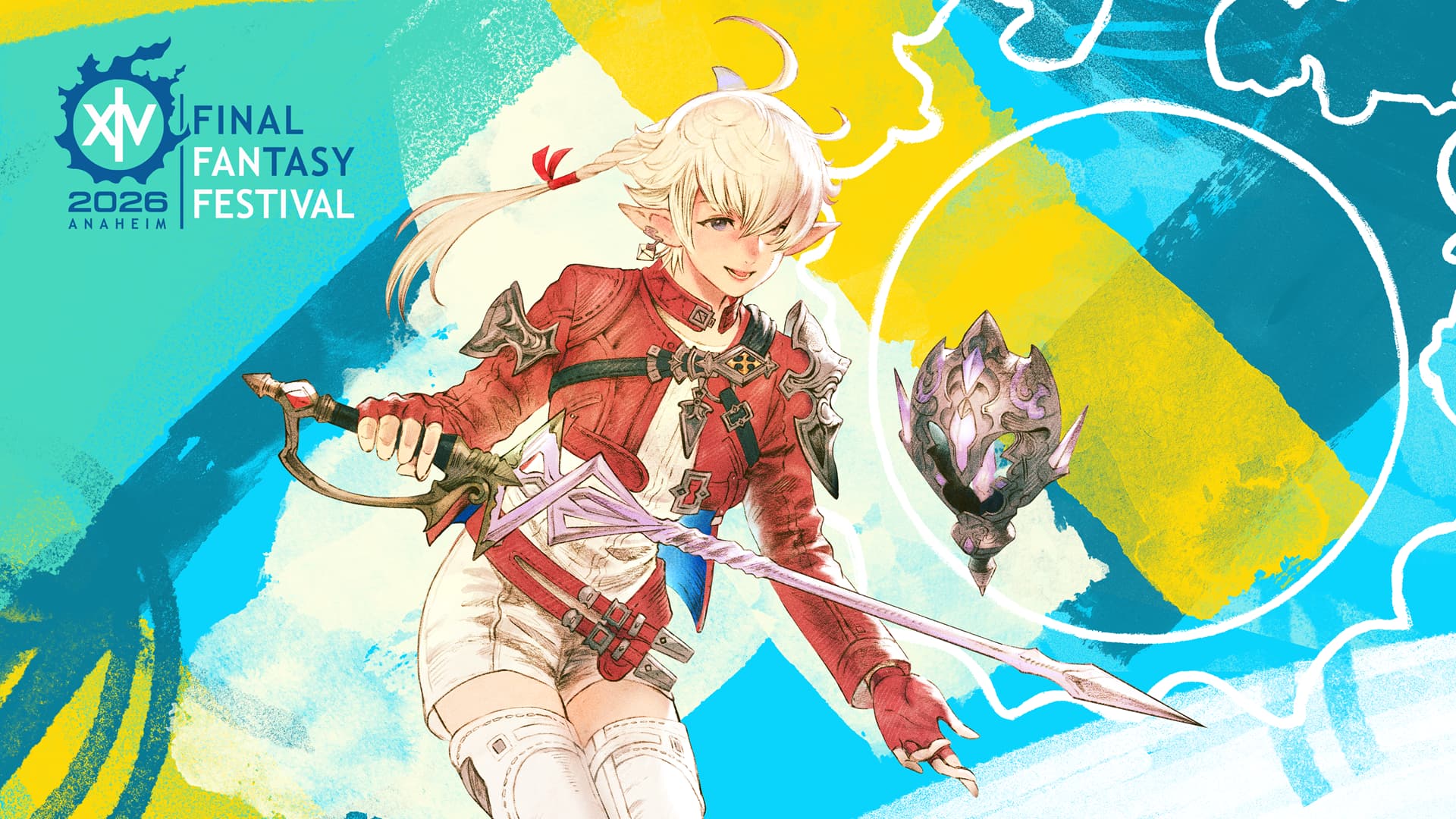 Final Fantasy 14 Fan Festival 2026 artwork of Alisaie set against a colorful abstract background.