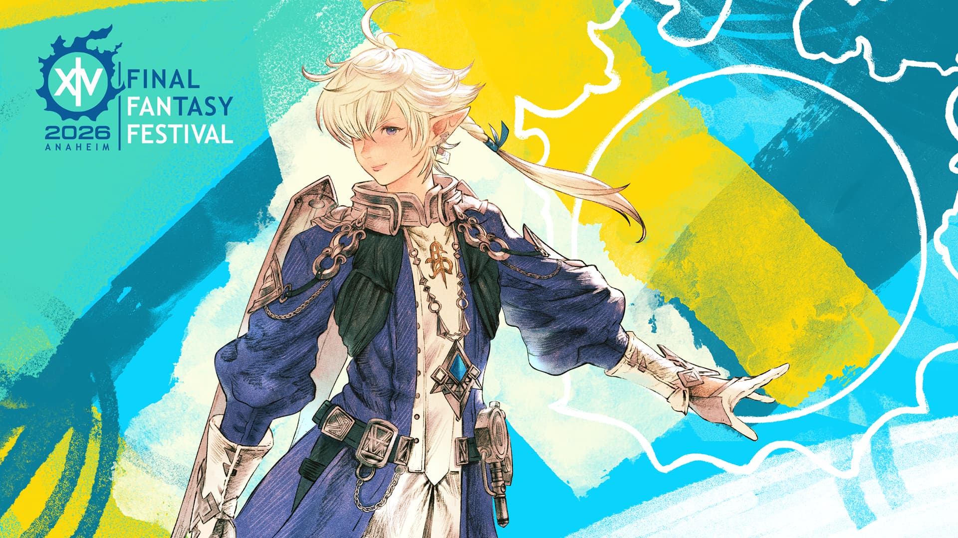 Final Fantasy 14 Fan Festival 2026 artwork of Alphinaud in blue adventurer attire against a colorful abstract background.