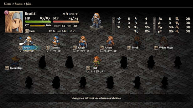 A GIF showcasing the job selection screen, job tree, and how to learn job abilities