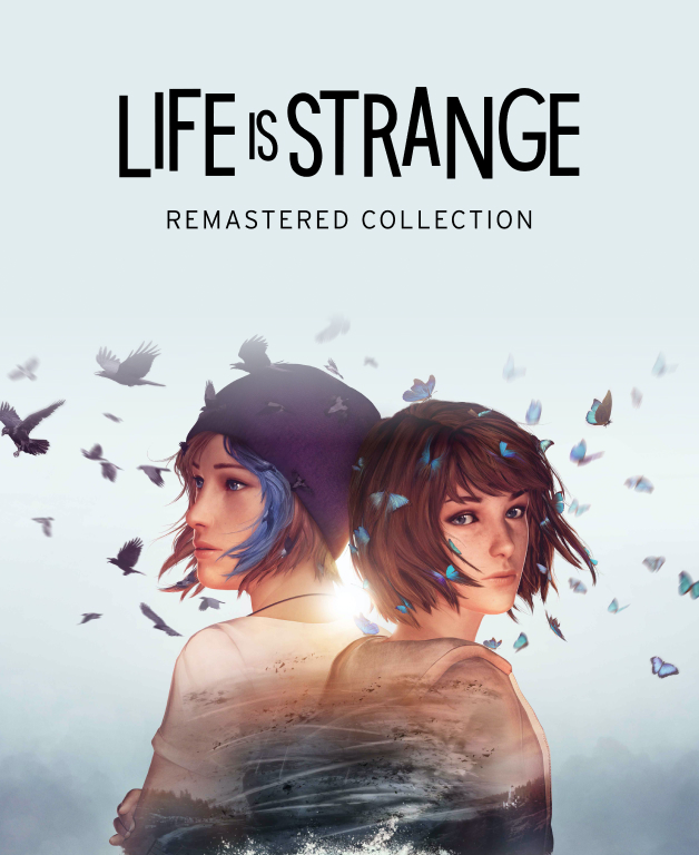 Cover of the the first Life is Strange game. The background is a grey/blue color and there are two girls on the front, facing back to back with blue butterflies circling their heads.