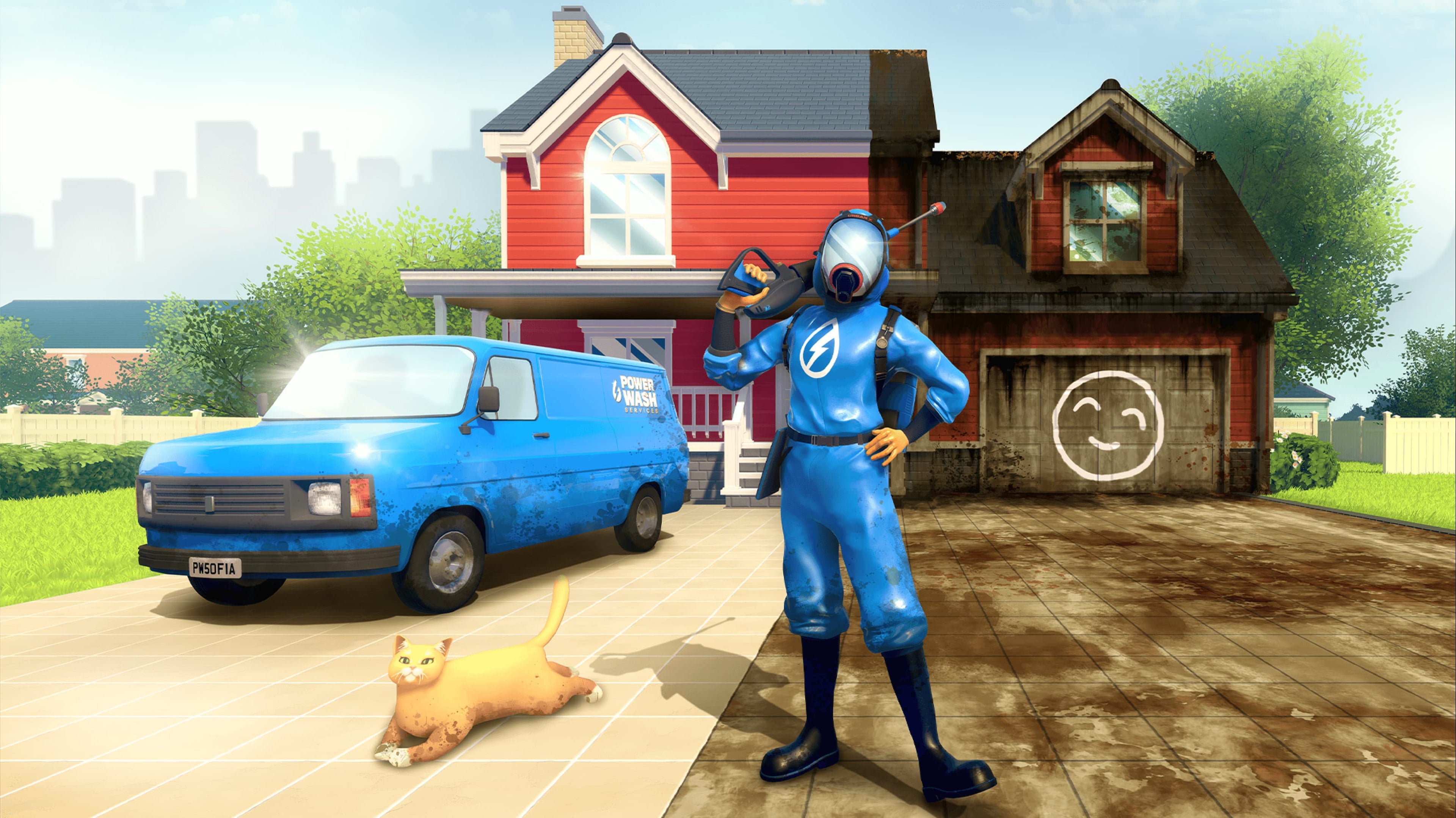 The player stands proudly in front of a house. Half is cleaned, the other half is dirty.