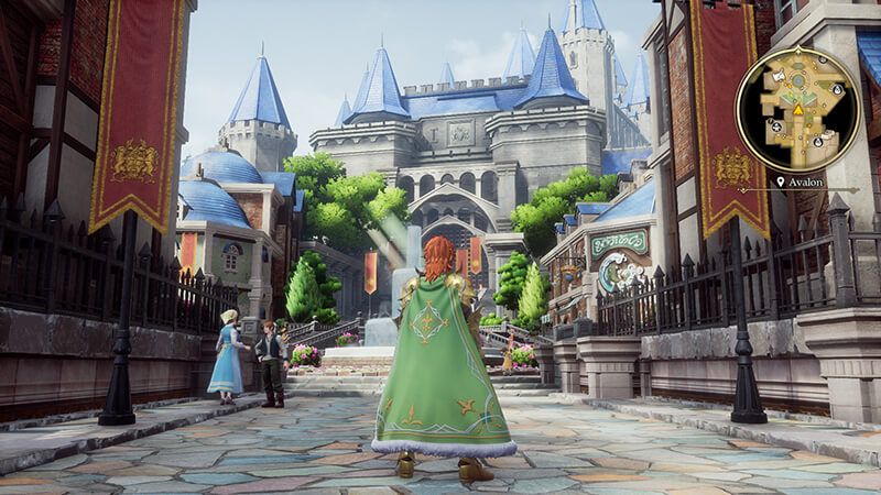 A red-hair man with a green cloak seen from the back in front of a castle.