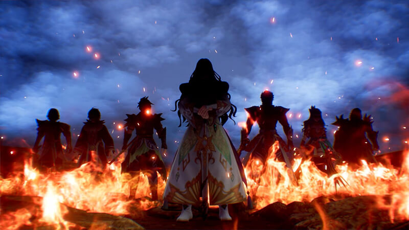 Three dark silhouettes surrounded by red flames in front of an ominous sky.