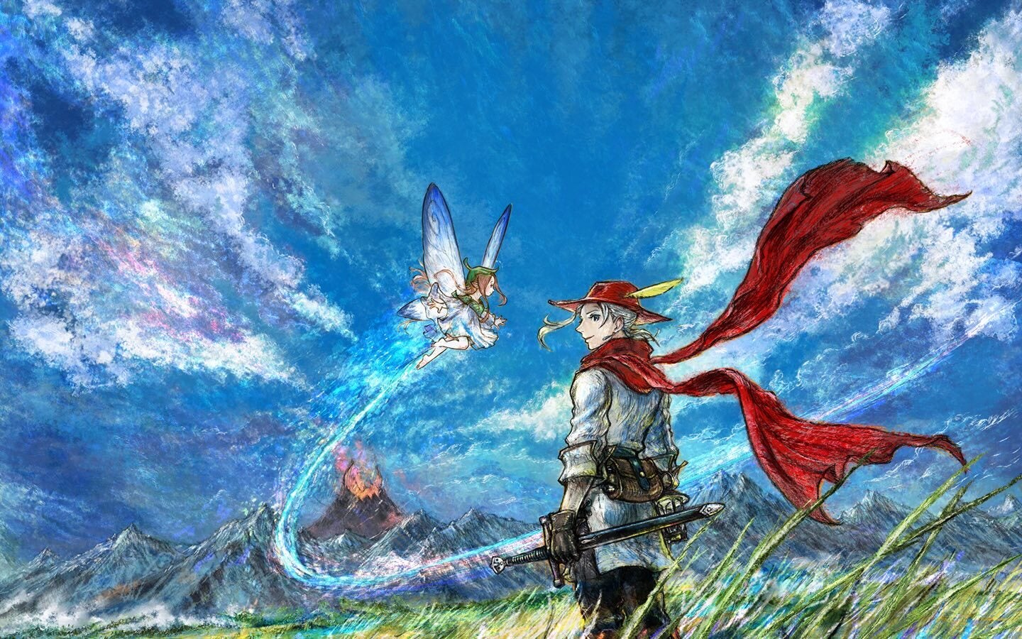 Elliot mit rotem Hut und Schal zusammen mit der Fee Faie unter einem blauen Himmel.