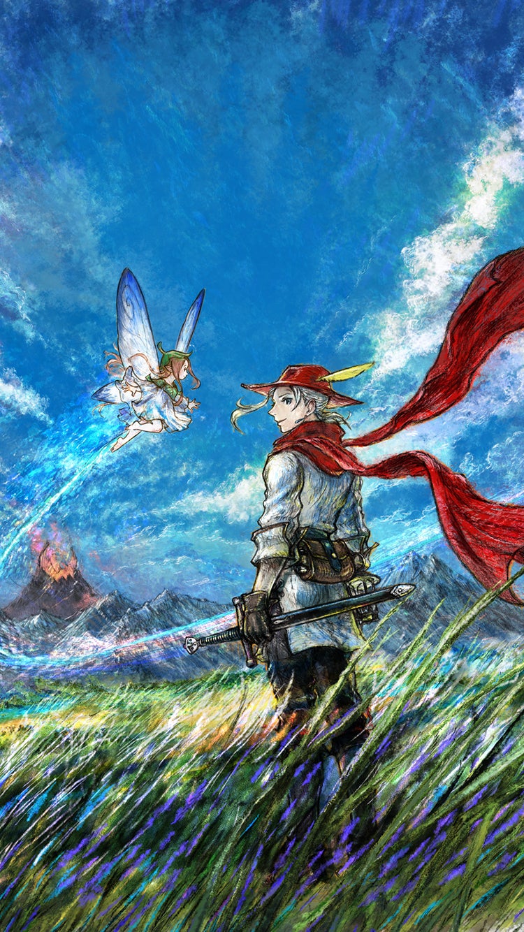Elliot mit rotem Hut und Schal zusammen mit der Fee Faie unter einem blauen Himmel.