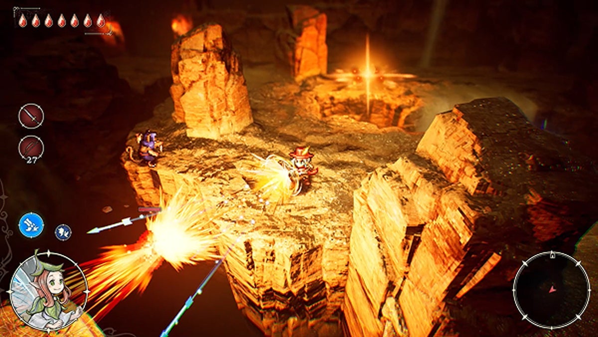 Elliot launches a flurry of arrows at enemies in a rocky dungeon. 